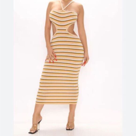 Fashion Nova Dresses & Skirts - Yellow midi dress small striped cut out bodycon yellow halter ribbed sexy flirty